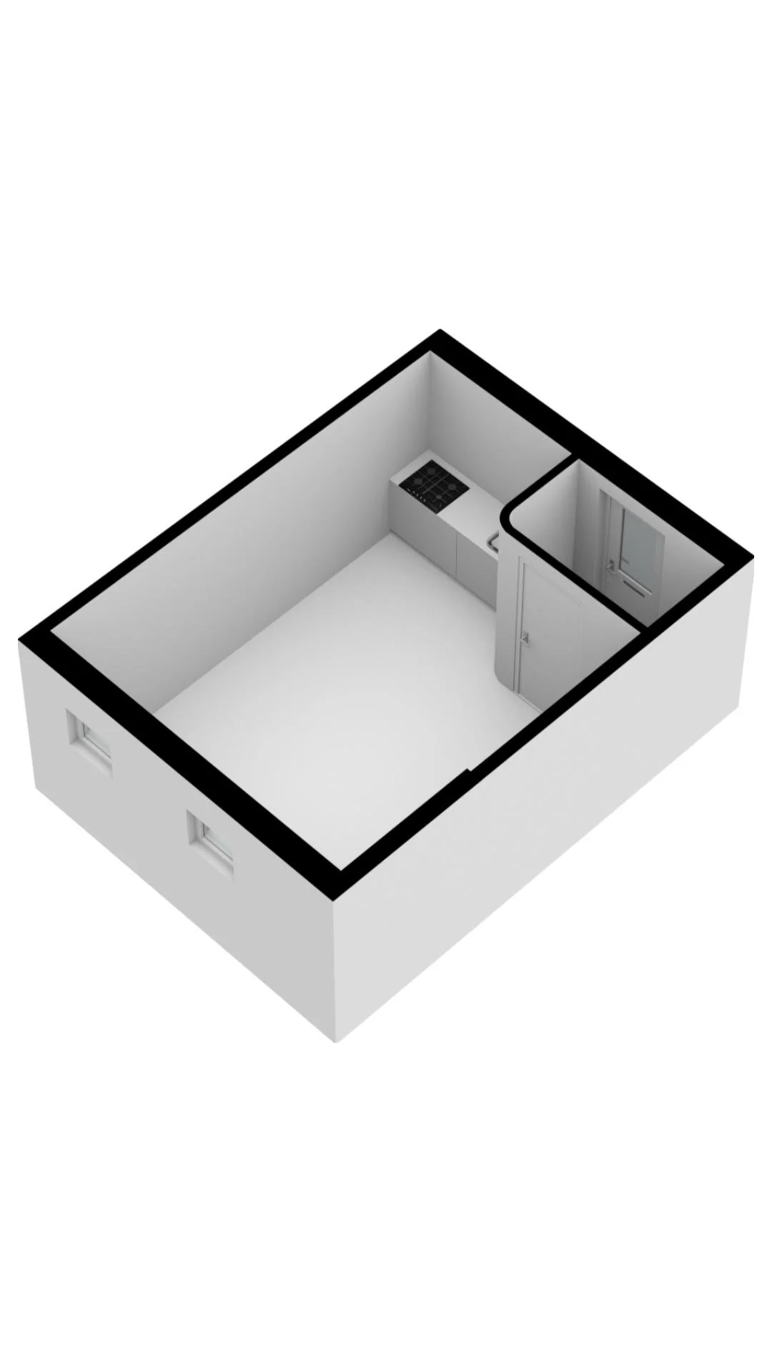 3D-plattegrond van een kamer aan de Cornelis Dopperkade met een keuken en aparte toiletruimte.